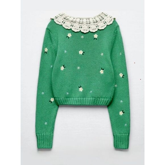 NEW ZARA Women’s Small Floral Embroidered Cropped Sweater - Picture 6 of 8